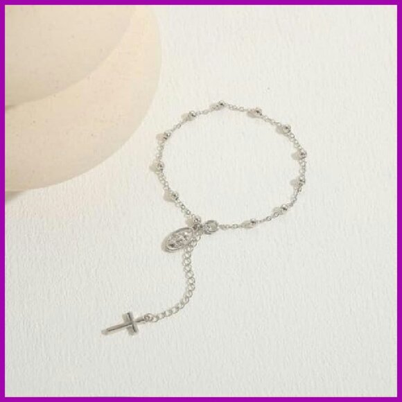 Vintage Bead Rosary Bracelet with Cross Pendant, Adjustable Lobster Clasp - Picture 8 of 8